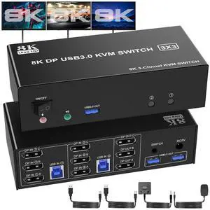 Ennovor 8K Displayport USB 3.0 KVM Switch 3 Monitors 2 Computers, DP1.4 Triple Monitor KVM Switch with Audio Microphone Output and 3 USB 3.0 Ports, 8K DP KVM Triple Monitor Keyboard Mouse Switcher