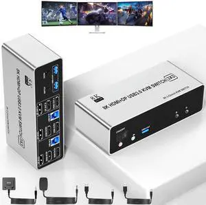 Ennovor 2 HDMI + 1 Displayport KVM Switch for 2 Computers Share 3 Monitor, 8K@60Hz Triple Monitor USB 3.0 Extended Display KVM Switcher Hub with Audio and 3 USB Ports Sharing Keyboard Mouse Printer