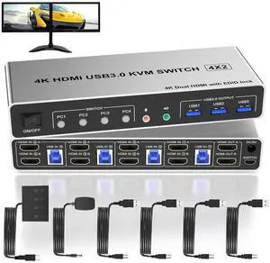 Ennovor 4 Port USB 3.0 KVM Switch Dual Monitor HDMI 4K 60Hz, KVM Switch 2 Monitors for 4PCs Supports EDID, KVM Switch 4 Computers with Audio Microphone Output and 3 USB 3.0 Ports, 4 in 2 Out KVM