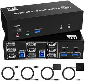 Ennovor 8K@60Hz Displayport KVM Switch 3 Monitors 2 Computers, 4K@144Hz KVM Switch DP 1.4 with 3 USB 3.0 Ports Sharing Keyboard and Mouse, Printer/Hard Drives, Desktop Controller