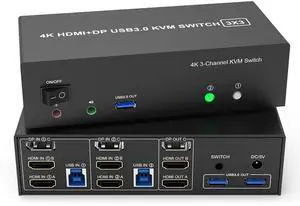 Ennovor KVM Switch 3 Monitors 2 Computers 4K@60Hz, 2 HDMI+Displayport KVM Switch Triple Monitor for 2 Computer Share 3 Monitor, Audio Mic Port and 3 USB3.0 Devices, Wired Remote and 5V Power Adapter
