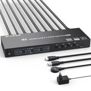 Ennovor USB 3.0 KVM Switch HDMI 4 Port Support 4K@60Hz 2K@120Hz Simulation EDID,AOOCOO HDMI USB Switch for 4 Computers Share 1 Monitor and 4 USB 3.0 Port,with Desktop Controller and KVM Cables