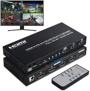 Ennovor 4 Port HDMl KVM Multiviewer 4K@30Hz, 4x1 Quad Multi Viewer Seamless Switcher 4 in 1 Out Support 4K 1080P 720P, 6 Viewing Modes with Keyboard Hotkey Switch and IR Remote