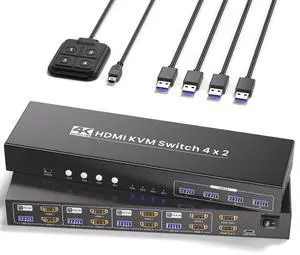 Ennovor USB 3.0 Dual Monitor HDMI KVM Switch, 4K60Hz 4 Port HDMI KVM Switch for 4 Computers Share 1 Set of Keyboard, Mouse and 2 Monitors, 4 USB 3.0 Ports Integration