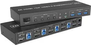 Ennovor 4 Port HDMI KVM USB 3.0 Switch 4X2 Dual Monitor 4K@60Hz Extended Display DP KVM Switch 4 in 2 Out for 4 PC Share Keyboard Mouse(ZY-AHD42U,AU Power Plug)