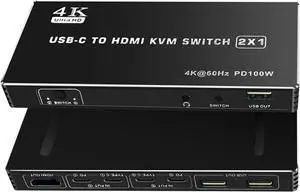 Ennovor USB C KVM Switch 2 in 1 Out 4K Type-C in HDMI Out KVM Switch 2x1 with Desktop Controller for 2 PC Share Keyboard Mouse Monitor