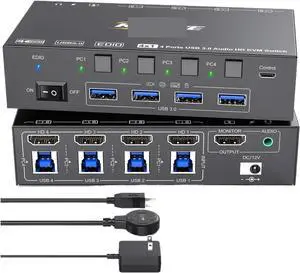 Ennovor KVM Switch 4 Computers 8K@60Hz 4K@144Hz,Simulation EDID,KCE*VE USB3.0 KVM Switch for 4 PC Share 1 Monitor Keyboard Mouse Headset(Without Audio 4k)