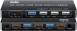 Ennovor HDMI 2.1 KVM Switch 4K 120Hz HDMI USB KVM Switch Dual Port USB HDMI 2.1 Switcher 2X1 4K 60Hz 8K 60Hz(4K 60Hz No Hotkey)