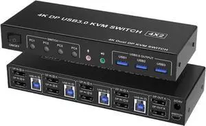Ennovor 4 Port HDMI KVM USB 3.0 Switch 4X2 Dual Monitor 4K@60Hz Extended Display DP KVM Switch 4 in 2 Out for 4 PC Share Keyboard Mouse(ZY-AHD42U,EU Power Plug)