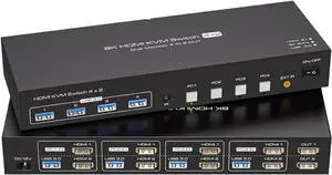 Ennovor 8K HDMI KVM Switch 2 Monitors 4 Computers 4K 144Hz Dual Display 4x2 USB 3.0 KVM Switch for 4 PC Share Keyboard Mouse(US Power Plug)