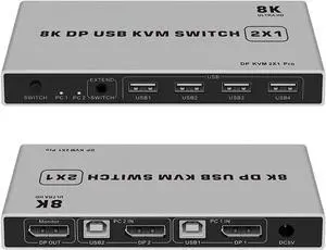 Ennovor Displayport KVM Switch 2x1 4K 60Hz 8K DP USB KVM Switch 2 in 1 Out for 2 PC Share Mouse Keyboad Monitor with Desktop Controller(4K Version)