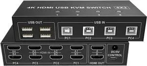 Ennovor 4 Port HDMI KVM Switch 4X2 Dual Monitor 4K@60Hz Extended Display DP USB KVM Switch 4 in 2 Out for 4 PC Share Keyboard Mouse(ZY-AH42D,UK Power Plug)