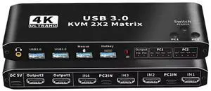 Ennovor 2x2 HDMI KVM Switch Matrix 4K 60Hz Dual Monitor KVM HDMI Extended Display USB KVM Switcher 2 in 2 Out for 2 Computers 2 Monitors