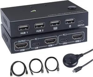 Ennovor HDMI KVM Switch for 2 Computers 1 Monitor, 2 Port KVM Switcher 4K@30HZ, for 2 PC Share HD Monitor Keyboard Mouse Printer