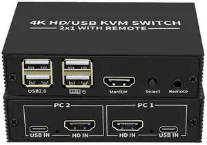 Ennovor KVM Switch 4K HDMI-Compatible Switcher USB 2.0 Hub Docking Station Dock 2 PC Share 4 USB Devices Keyboard Mouse Printer KVM(4 in 1 Out KVM)