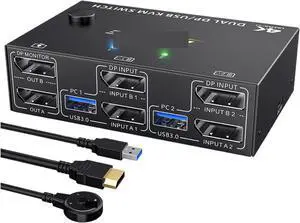 Ennovor KVM Switch Dual Monitor DisplayPort 1.4 8K 4K 2 in 2 Out,DP1.4 KVM Switch and 4 USB3.0 for 2 Computers Compatible DP