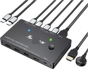 Ennovor KVM Switch USB Type-C KVM Switch 4K@60Hz USB C Switch for 2 Computers Share 1 Monitor and 4 USB Devices PD 100 W Power