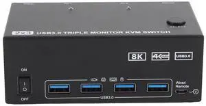 Ennovor KVM Switch 3 Monitors 2 Computers 8K@60Hz 4K@144Hz, 4 USB 3.0 Port, Displayport KVM Switch for Keyboard Mouse Printer Scanner, 2 HDMI Out (US)