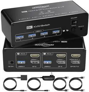 Ennovor DEMEXBOOK HDMI Displayport KVM Switch 2 Monitors 2 Computers 8K@60Hz/4K@144Hz, 2 Computers Share 2 Monitors, USB 3.0 Ports, Extended/Copy Mode Support, 2 USB Cables, Remote Control Included