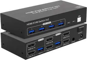 Ennovor USB 3.0 KVM Switcher Extended Display Dual Monitor HDMI KVM Switch 2x2 4K 60Hz HDMI Displayport for 2 PC Share Mouse Keyboard(HDMI DP 2X2,EU Power Supply)