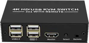 Ennovor 4K 2x1 HDMI KVM Switch Converter with 4 Port USB Hub with Desktop Controller for Laptop PC Monitor Mouse Keyboard U Flash Drive