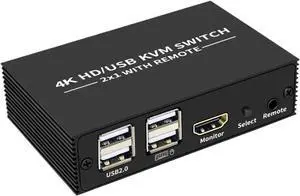 Ennovor 4K 2x1 HDMI KVM Switch Converter with 4 Port USB Hub with Desktop Controller for Laptop PC Monitor Mouse Keyboard U Flash Drive