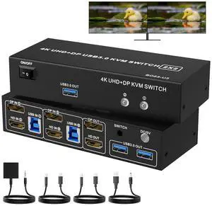 Ennovor KVM Switch 2 Monitors 2 Computers DisplayPort and HDMI 4K 60Hz, Dual Monitor KVM Switcher HDMI&DP 2 Port for 2 PCs Share Mouse Keyboard Printer, USB 3.0 Ports, Support Extended/Copy Mode