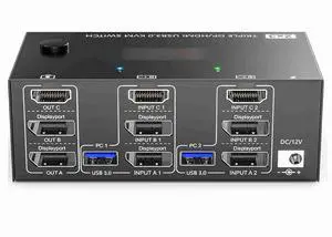 Ennovor KVM Switch, USB3.0 KVM Switch 3 Monitor Outputs Extension, Video Wall Display Easy Switching, Smooth Image, Black Metal (Black #86)