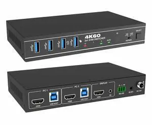 Ennovor 4K@60Hz HDMI KVM Switch 2x1 Audio Extractor 3.5mm L/R Audio Output Buttons Hotkeys IR Remote Switching EDID Management USB 3.0 HDMI 2.0 HDCP 2.3 HDR