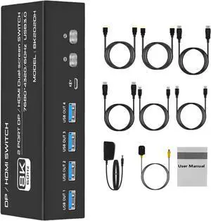 Ennovor KVM Switch Dual Monitor DisplayPort 1.4 8K@60Hz 2 in 2 Out, 2x2 HDMI DP KVM Switch for 2 PC Share 2 Monitors