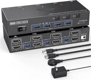 Ennovor Dual Monitor KVM Switch USB 3.0 HDMI KVM Switch 2 Monitors 3 Computers, EDID Emulator,4K@60Hz 2K@144Hz with 4 USB 3.0 Ports(302AS EU Plug)
