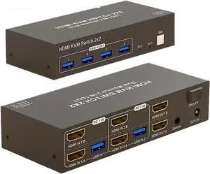 Ennovor Dual Monitor HDMI KVM Switch 2x2 4K 60Hz HDMI Displayport USB 3.0 KVM Switcher Extended Display for 2 PC Share Mouse Keyboard(HDMI DP kvm Switch,with US Plug)