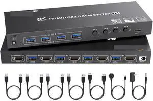 Ennovor HDMI KVM Switch 4 Computers 4K@60Hz 2K@120Hz, Simulation EDID, 4 Port USB3.0 KVM Switches for 4 PC Share 1 Monitor and Keyboard(US Power Plug)