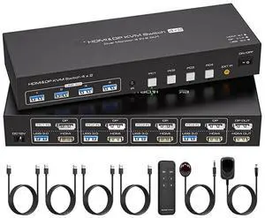 Ennovor 8K HDMI+Displayport KVM Switch 2 Monitors 4 Computers 4K 144Hz Dual Display 4x2 USB 3.0 KVM Switch for 4 PC Share Keyboard Mouse(US Power Plug)