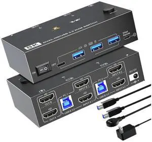 Ennovor KVM Switch 8K 60Hz 2 HDMI-Compatible USB 3.0 Hub Splitter Docking Station Switch Selector Computers Share Keyboard Monitor(AU Plug)