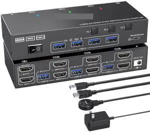 Ennovor 2024 New KCEVE Dual Monitor KVM Switch USB 3.0 HDMI Switch 2 Monitors 3 Computers 4K@60Hz 2K@144Hz EDID Emulator Dual Monitor(US Plug)