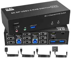 Ennovor 8K DP1.4 KVM Switch Triple Monitor for 2 PCs Share 3 Monitors, RJ45 Ethernet Splitter 1 to 2, Audio Mic Port and 3 USB3.0 Device(with EU Plug)