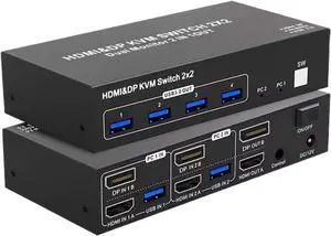 Ennovor HDMI 2.0 KVM Switch 2X2 HDMI DisplayPort Switcher USB 3.0 Extended Display 4K 60HZ Dual Monitor 2 in 2 Out for Computer(HDMI DP 2X2,USA Power)