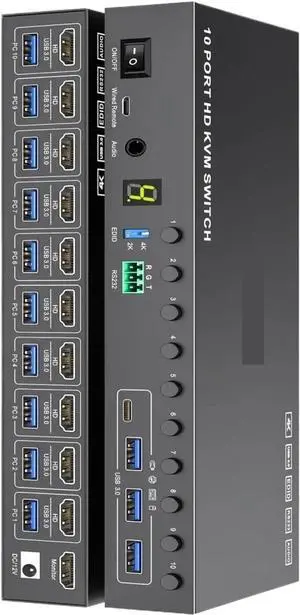 Ennovor 10 Port USB 3.0 KVM Switch 4K EDID Simulation, HDMI KVM Switch for 10 Computers Share 1 Monitor and 4 USB Devices(US Plug)