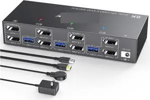 Ennovor 8K KVM Switch 2/3 Monitors 3 Computers 8K@60Hz 4K@144Hz,Displayport HDMI KVM Switch with 4 USB 3.0 Ports for USB Devices(302DD)