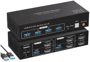 Ennovor HDMI-Compatible KVM Switch 8K 60Hz 2 Port Dual 2 Monitors 2 Computers 4K 120Hz USB 3.0 KVM Switch KVM Switcher HDMI 2.1(UK Power Plug)