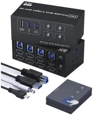 Ennovor 8K Dual Monitor KVM Switch - 4 Computer 2 Monitors KVM HDMI Switches with 3 USB 3.0 Ports, Support Copy and Extend Mode(EU Power Plug)