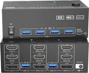 Ennovor Triple/Four Monitor KVM Switch 8K 4K HDMI+DP USB 3.0 Switch Extended Display 3/4 Monitors 2 Computers KVM with USB3.0(AU,203HHD)