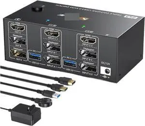 Ennovor Triple Monitors KVM Switch,2 Displayport + HD-MIUSB KVM Switch 8K@60Hz,4K@144Hz 3 Monitors 2 Computers KVM with 4 USB 3.0 Ports(UK Plug)