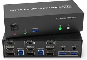 Ennovor 2 HDMI + 1 Displayport KVM Switch 3 Monitor 2 Computers,4K@60Hz Triple Monitor KVM Switch with Audio for Keyboard Mouse(AU Plug)