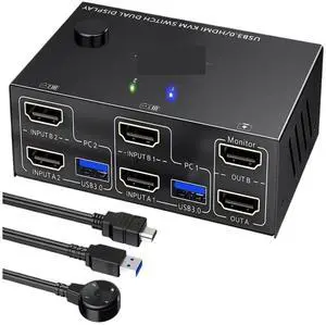 Ennovor USB 3.0 HDMI KVM Switch 2 Monitors 2 Computers 4K@60Hz 2K@144Hz, with EDID Emulator KVM Switch for 2PC Share 2 Monitor 4 USB3.0(4K with EDID)