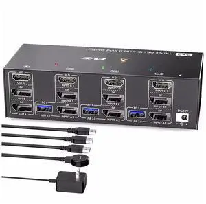 Ennovor KVM Switch 3 Monitors 3 Computers 8K@60Hz 4K@144Hz, HDMI+2 Displayport KVM Switch Triple Monitor for 3 Computer Share 3 Monitor(US Plug)