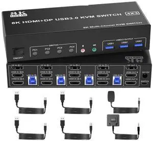 Ennovor 8K@60Hz 2 HDMI +1 DisplayPort KVM Switch Triple Monitor for 4 Computer with Audio and 3 USB 3.0 Ports, 3 Monitor KVM Switches(with AU Plug)