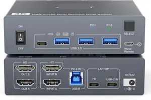 Ennovor 4K KVM Switch 2 Monitors 2 Computers USB C HDMI,Dual Monitor USB 3.0 Typc C KVM Switcher for 2 PC Share Keyboard Mouse Monitor(US Power Adapter)
