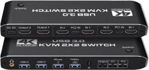 Ennovor Dual Monitor HDMI KVM Switch 2x2 USB3.0 HDMI KVM Switch 2 in 2 Out 4K 60Hz 2x2 Mixed Display 2 Monitors 2 Computer for PC Laptop